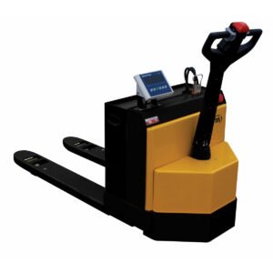 Vestil steel Electric Pallet Truck with Scale and Rider Platform 27 In. x 48 In. 4500 Lb. Capacity Yellow/Black-EPT-2748-45-SCL-RP